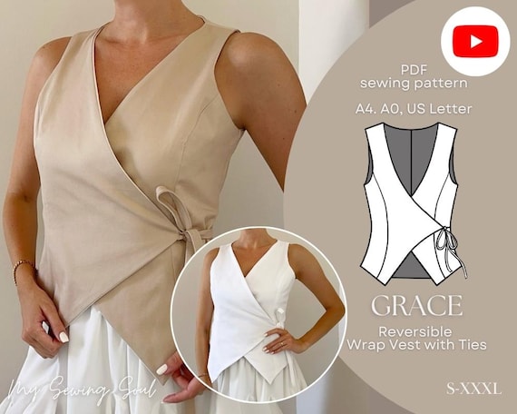 Reversible Wrap Vest Sewing Pattern PDF | “Grace” Women’s Vest with Ties | A0 A4 US Letter | Beginner Sewing Project | Sizes S-3XL