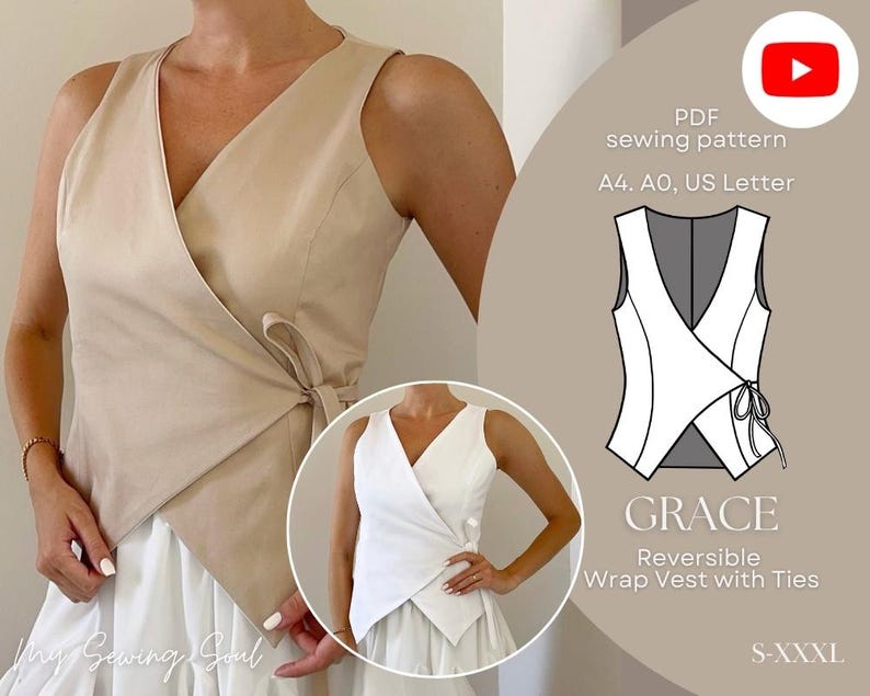 May include: A beige wrap vest with ties, shown on a person. The vest has a V-neck and ties at the side. A smaller image shows a white version. Text on the right says "GRACE Reversible Wrap Vest with Ties" and "S-XXXL".
