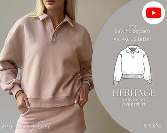 HERITAGE Sweatshirt Sewing Pattern with Polo Collar | PDF Pattern | Casual Pullover | Instant Download