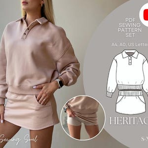 Puede incluir: Un conjunto de dos piezas rosa claro que consta de una sudadera con cuello y una minifalda con bolsillos. La imagen incluye un diagrama del atuendo y el texto "PDF SEWING PATTERN SET", "HERITAGE" y "S-XXXL". También es visible la marca "My Sewing Soul".