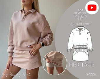 May include: A light pink two-piece outfit featuring a collared sweatshirt and a mini skirt with pockets. The image includes a diagram of the outfit and text that reads "PDF SEWING PATTERN SET", "HERITAGE", and "S-XXXL". The brand name "My Sewing Soul" is also visible.