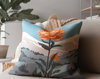 Orange Flower in the Mountains || Decorative Cushion || Vintage Floral Minimalist || Still Life Flower Design || Square Accent Pillow 02-05