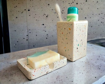 Concrete Toothbrush Holder and Terrazzo Soap Dish, Concrete Toothbrush Holder, Terrazzo soap dish, Terrazzo style, Terrazzo, Minimal stone