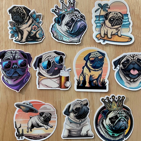 Pug Sticker Pack | Weatherproof Stickers | Pug Decals | Set of 10 | No Duplicates | Laptop Stickers | Water Bottle Stickers | Vinyl Stickers