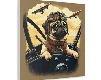 Pilot Pug Canvas Print | Optional Personalization | Ready to Hang | Pet Canvas | Pug Wall Art | Pug Lover Gift | Pug Home Decor