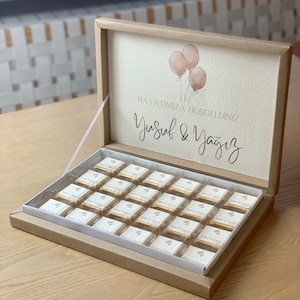 Schokobox personalisiert naturfarben, gold mit Namen für Geburt, Verlobung, Standesamt, Taufe, Geburtstag I Söz, Nisan, Nikah cikolatasi
