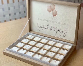Personalized chocolate box, natural color, gold with name for birth, engagement, civil ceremony, christening, birthday | Söz, Nisan, Nikah cikolatasi