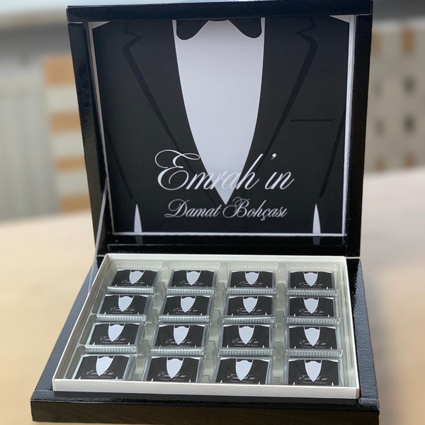 Damat Bohçası Schokobox personalisiert |Damat, Söz, Nisan çikolatası | Bräutigam l Geschenke für Männer | schwarz weiß