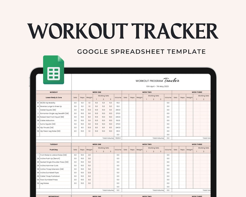 Workout & Cardio Program Tracker Spreadsheet for Google Sheets Workout Progressive Overload