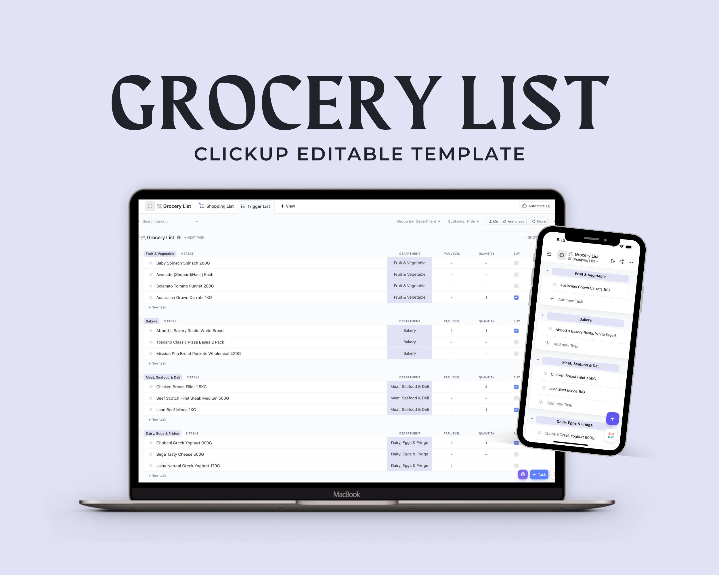 Grocery List Meal Planner ClickUp Template | Mobile Friendly Grocery List | Grocery Planner | Food Shopping List | ClickUp Editable Template