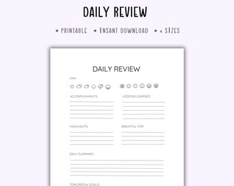 daily review printable,daily reflection,gratitude journal printable,daily evaluation,daily summary,daily review insert,daily journal pdf