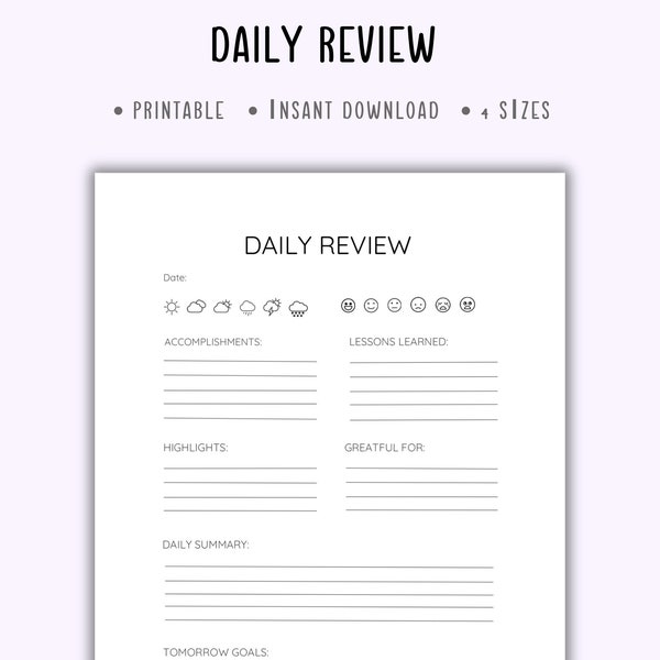 daily review printable,daily reflection,gratitude journal printable,daily evaluation,daily summary,daily review insert,daily journal pdf