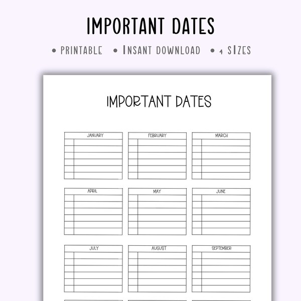 important dates tracker printable,yearly dates tracker,dates to remember,yearly event list,important dates page