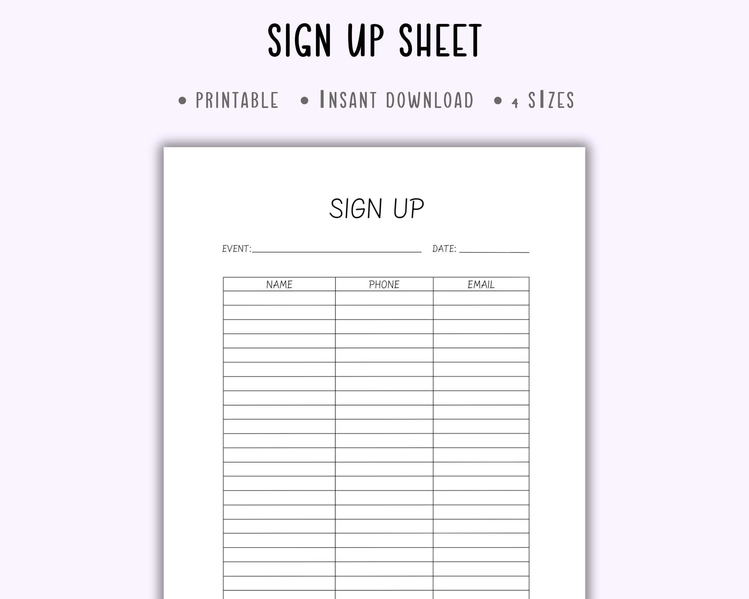 Sign up Sheet Printable,sign up Sheet Template List Form,event Sign up