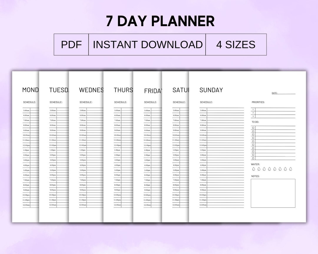 7 Day Planner Printable,daily Weekly Planner Set Printable,productivity ...