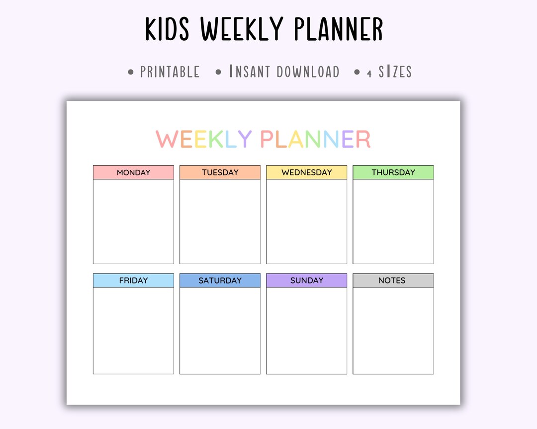 Kids Weekly Planner Printable,planner for Kids,kids Weekly Schedule ...