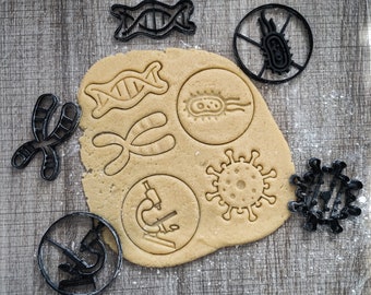 Conjunto de cortadores de galletas de biología ADN, cromosoma, virus, bacteria, galleta de microscopio, galleta, regalo, fondant, masa, pastelería