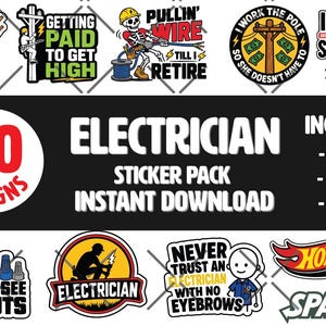 Puede incluir: Un paquete de pegatinas digitales con 40 diseños temáticos de electricistas que incluyen textos e ilustraciones humorísticas, como esqueletos, postes de luz, pelacables y componentes eléctricos de varios colores, presentados como archivos descargables.