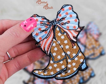 Patriotic Cowgirl Boot Bowtie Iron On Heat Adhesive Embroidered Patch, Western, Cowgirl, Aztec, Southwestern, Boutique, Patches, Hat Bar