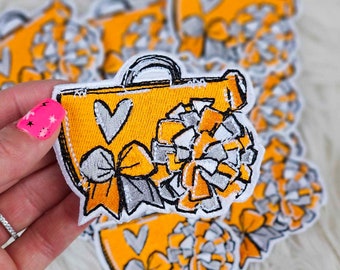 Orange Cheer Iron On Heat Adhesive Embroidered Patch, Cheerleading, Cheer Mom, Sports, Trending Patches, Sport Patches, Pom Pom, Hat Bar