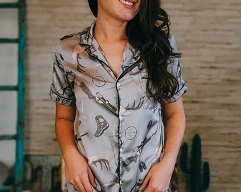 Hunting Pattern Western Shorts Pajama Set, Cowgirl, PJ's, Loungewear, Pajama Set, Western Boutique, Bridal Party, Bridesmaid, Maid of Honor