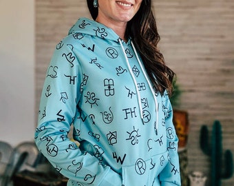 Turquoise Brands Hoodie, Western, Cowgirl, Punchy, Boutique, Outerwear, Ranch, Horses, Pullover