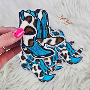 Blue & Leopard Cowboy Boot Iron On Heat Adhesive Embroidered Patch, Western, Cowgirl, Aztec, Southwestern, Boutique, Patches, Hat Bar