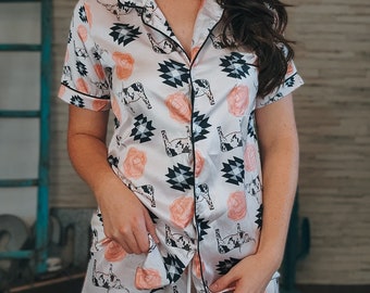 Longhorn & Roses Shorts Pajama Set, Cowgirl, PJ's, Loungewear, Pajama Set, Western Boutique, Bridal Pajamas, Bridesmaid, Wedding