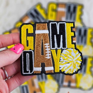 Yellow Game Day Iron On Heat Adhesive Embroidered Patch, Football, Sports, Trending Patches, Popular Patches, Football mom, Hat Bar