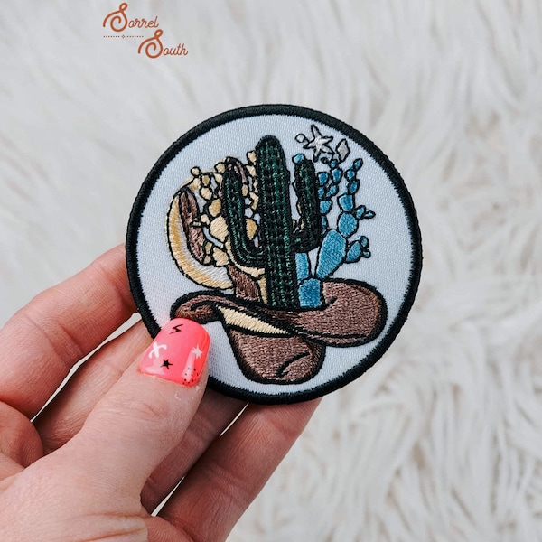 Circle Cowboy Hat Cactus Iron On Heat Adhesive Embroidered Patch, Western, Cowgirl, Serape, Aztec, Southwestern, Boutique, Patches, Hat Bar