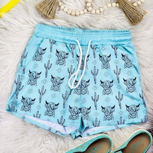 Turquoise Highland Cow Women's Drawstring Shorts