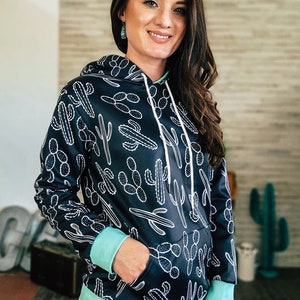 Turquoise & Black Cactus Hoodie, Western, Cowgirl, Punchy, Boutique, Outerwear, Ranch, Horses, Pullover image 1