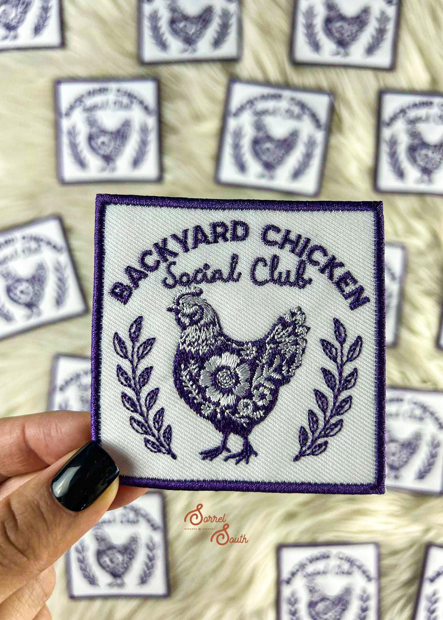 Backyard Chicken Social Club Iron On Heat Adhesive Embroidered Patch, Western, Cowgirl, Farm, Southwestern, Boutique, Patches, Hat Bar