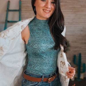 Teal Floral Tooled Bodysuit, Western Fashion, Boutique, Cowgirl, Southwestern, Rodeo, Barrel Racer