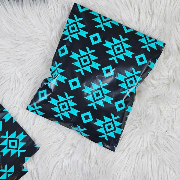 10" x 13" Black & Turquoise Aztec Poly Mailer Bags, Shipping Bags, Western Boutique, Cowgirl, Shipping Supplies, Branding - 50 count