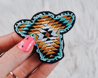 Aztec Cow Iron On Heat Adhesive Embroidered Patch, Western, Cowgirl, Southwestern, Boutique, Patches, Hat Bar