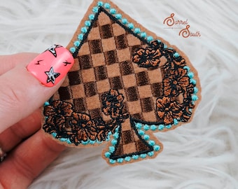Checkered Spade Iron On Heat Adhesive Embroidered Patch, Western, Cowgirl, Serape, Aztec, Southwestern, Boutique, Patches, Hat Bar