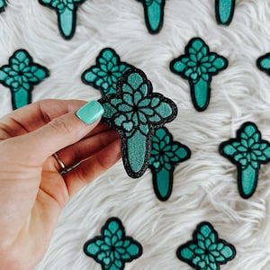 Glitter Teal Cross Iron On Heat Adhesive Embroidered Patch, Western, Cowgirl, Faith, Christian, Trending Patches, Boutique, Hat Bar