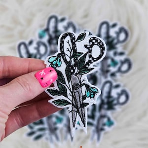 Edgy Floral Scissors Iron On Heat Adhesive Embroidered Patch, Hair Stylist, Hair Dresser, Checkered, Popular Patches, Hat Bar, Heat Adhesive