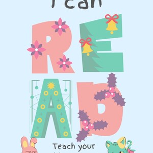 Könnte beinhalten: Eine bunte Illustration des Wortes "LESEN" mit dekorativen Elementen. Die Buchstaben sind in Rosa, Grün und Blau. Der Text "Ich kann" steht über dem Wort "LESEN". Unter dem Wort "LESEN" steht der Text "Bringen Sie Ihrem Kind das Lesen bei, zu Hause". Es gibt zwei Comic-Tiere, ein Kaninchen und eine Katze, die Bücher lesen.