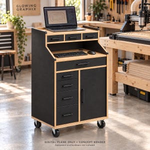 May include: A mobile workstation cabinet featuring a black finish with light wood edges, a laptop stand, a keyboard tray, three top drawers, one wide drawer, four side drawers, and a cabinet door. Text reads: DIGITAL PLANS ONLY • CONCEPT RENDER.