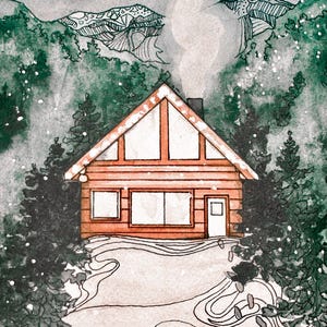 Niedliche Winter Hütte Karte | Aquarell Weihnachtskarte | verschneite Berg Weihnachtskarte