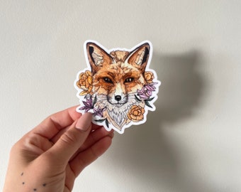 Red fox with flowers sticker | fox art | waterproof watercolour stickers