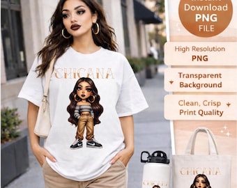 Ragazza chicana PNG / Clipart bambola latina / Estetica ragazza orgoglio marrone / Arte latina streetwear / Download digitale PNG / Design per maglietta e DTF