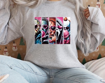May include: A gray sweatshirt with a graphic print of five horror movie characters wearing heart-shaped sunglasses and blowing pink bubble gum. The characters include Jason Voorhees, Freddy Krueger, Chucky, Ghostface, and Pennywise.