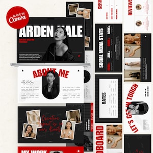 Peut inclure: Présentation de portfolio numérique avec une palette de couleurs noire, blanche et rouge. La présentation comprend le texte "ARDEN SALE" et "CONTENT CREATOR PORTFOLIO". Elle présente également des images et des statistiques de médias sociaux.