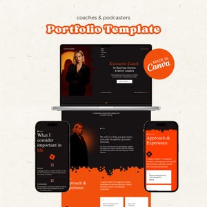 May include: A digital portfolio template for coaches and podcasters, displayed on a laptop and two smartphones. The design features a black and orange color scheme with the text "Portfolio Template" and "Executive Coach". The Canva logo is visible.