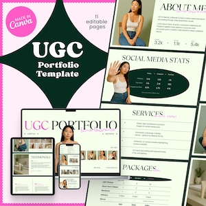 May include: A green and pink digital portfolio template for a UGC creator. The template includes sections for about me, social media stats, services, packages, testimonials, and lifestyle. The template is designed to be used on a computer or mobile device.