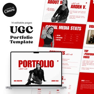 以下が含まれることがあります： コンテンツクリエイター向けの赤と白のデジタルマーケティングポートフォリオテンプレート。テンプレートには、女性の画像、ラップトップ、および「ポートフォリオ」と「UGCクリエイター」というテキストが含まれています。