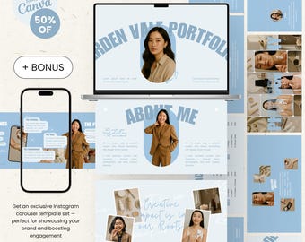 UGC Portfolio Template: Blue Canva Media Kit (45 Editable Slides) + Instagram carousel template